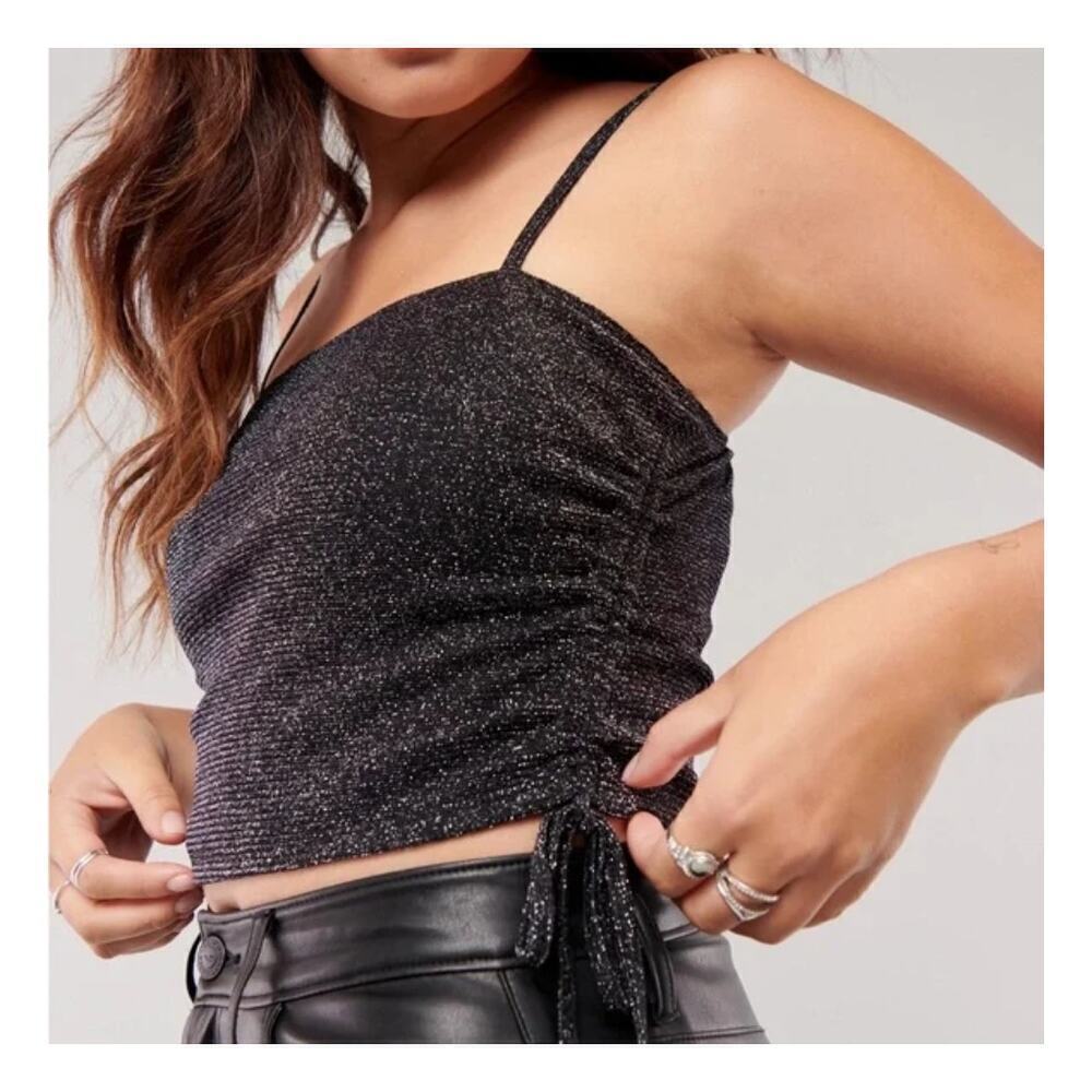 Hollister Black Glitter Cinched Top Cropped Fitted Glam Womens Size S